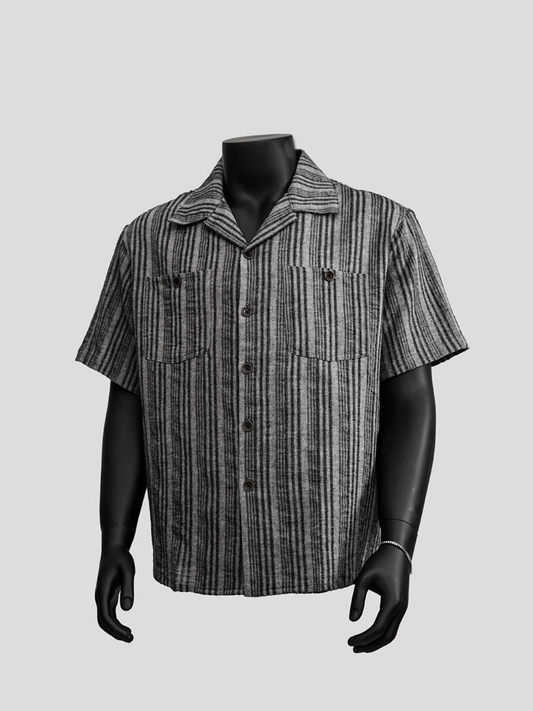 Gray Striped Linen-Cotton Short Sleeve Shirt