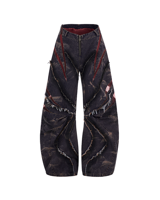 Distressed Curved-Cut Jeans – Mesh & Frayed Details