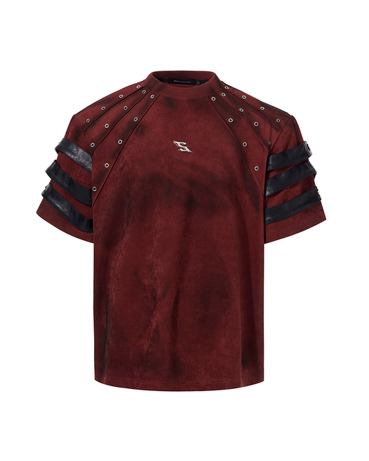Dark Aesthetic Red Tee – Padded Shoulder & Punk Stud Design