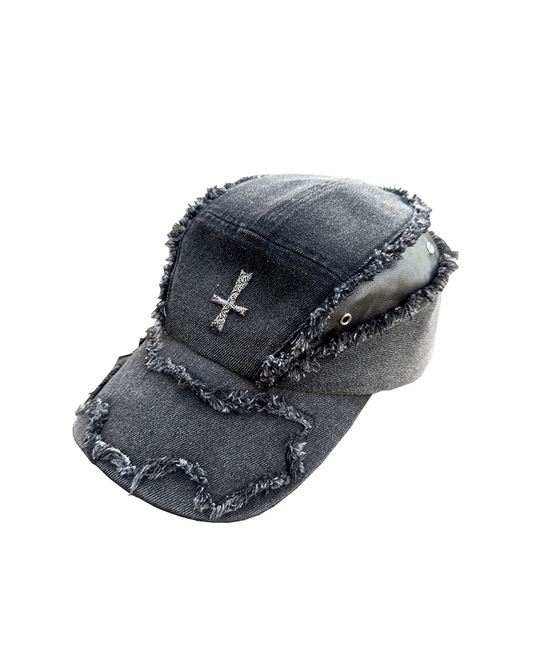 Washed Cross Cap – Distressed Denim & Leather Patch