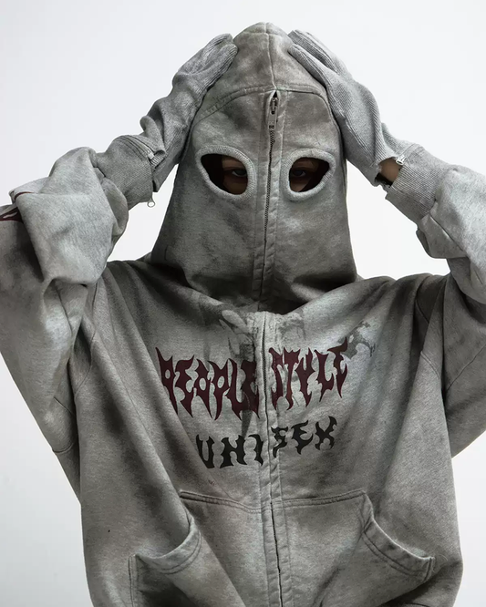 Distressed Mask Hoodie – Detachable Gloves & Zip-Up