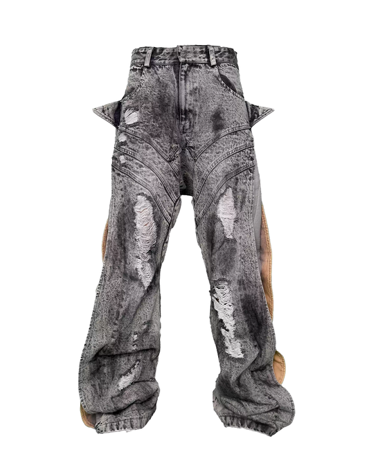 Distressed Patchwork Jeans – Deconstructed Washed Loose Fit