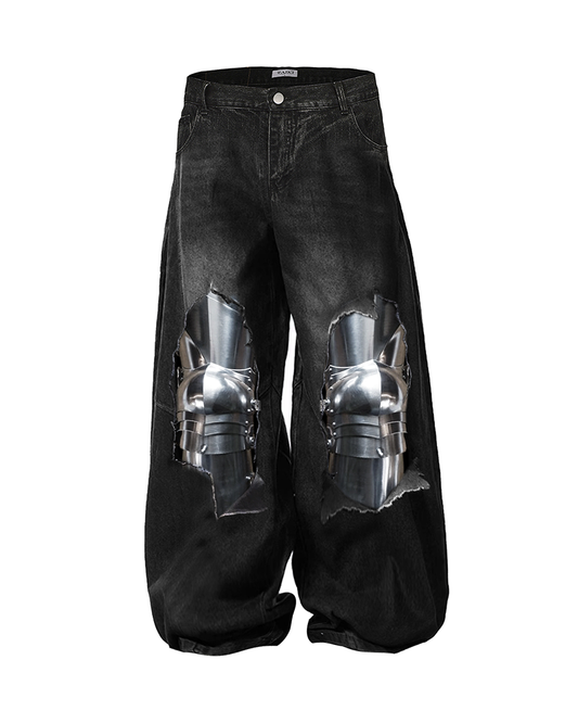 Knight Armor 3D Print Jeans – Distressed Baggy Wide-Leg