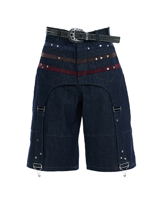 Star Studded Denim Shorts – Suede Patchwork 3/4 Fit