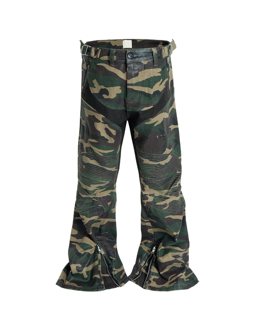Vintage Street Patch Coated Camouflage Jeans – Slim Flare Moto Fit