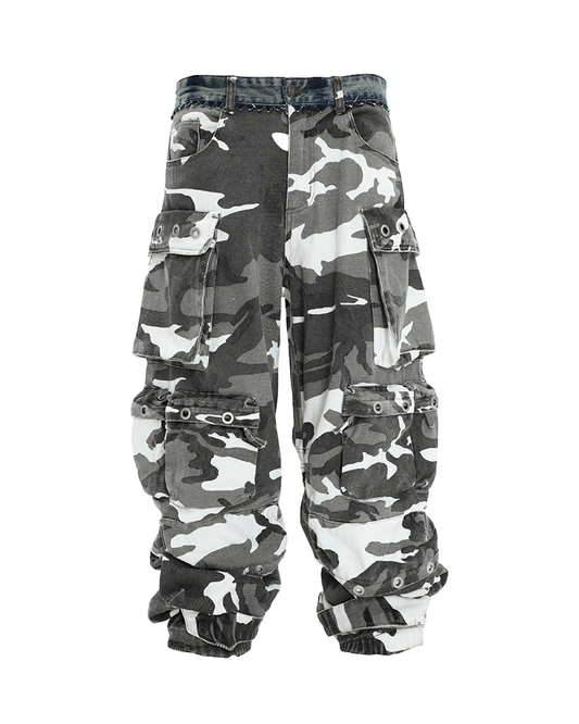 White Camo Patch Cargo Pants – Multi-Pocket Baggy Fit