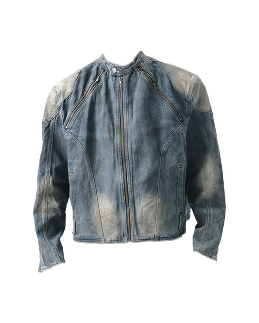 Vintage Zip Washed Denim Jacket – Padded Shoulder Oversized Fit