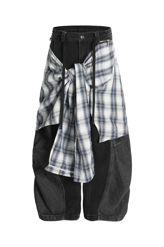Faux Two-Piece Plaid Layered Jeans