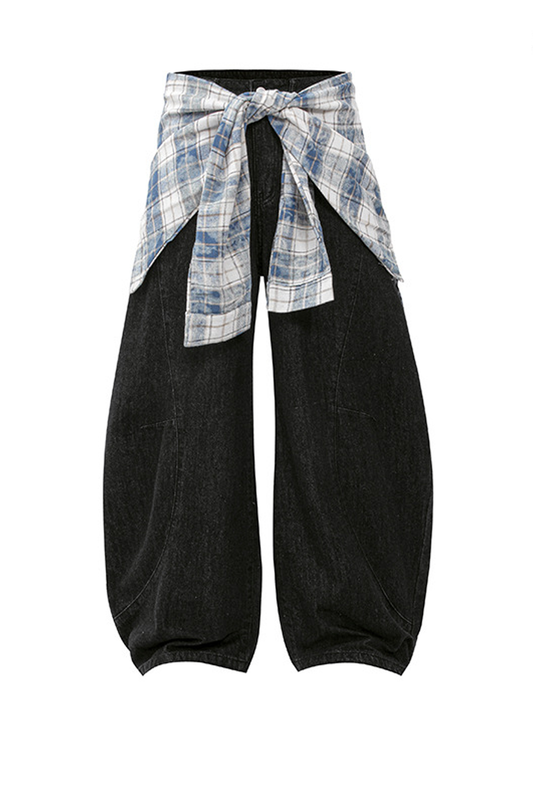 Extended Waist Faux Two-piece Plaid Skirt Overlay Jeans