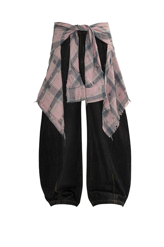 Pink Detachable Plaid Flannel-Tied Wide-Leg Jeans