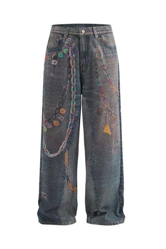 Grunge Wash 3D Chain Print Wide-Leg Jeans