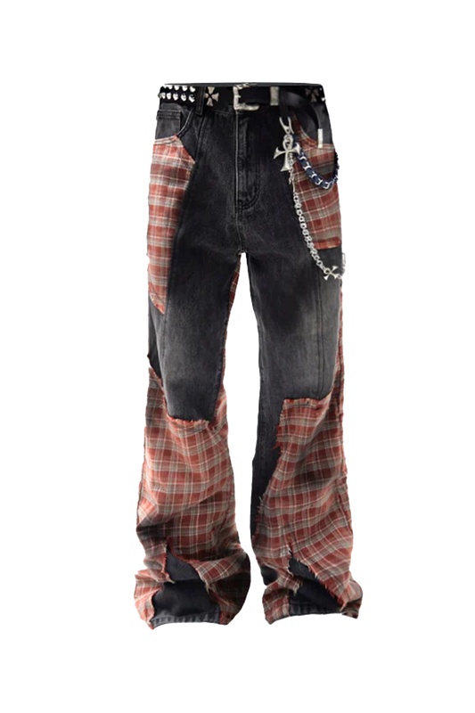 Distressed Patchwork Plaid Denim