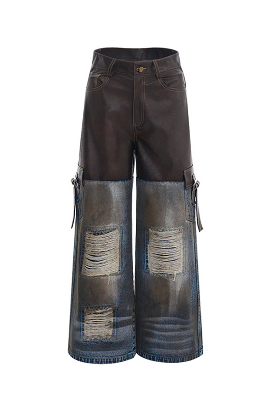 Vintage Patch Leather × Distressed Denim Wide-Leg Pants