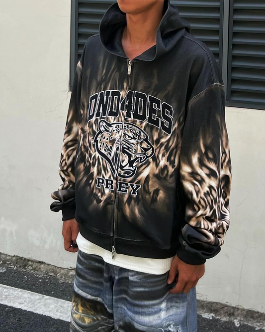Leopard Graphic Dual-Zip Boxy Hoodie