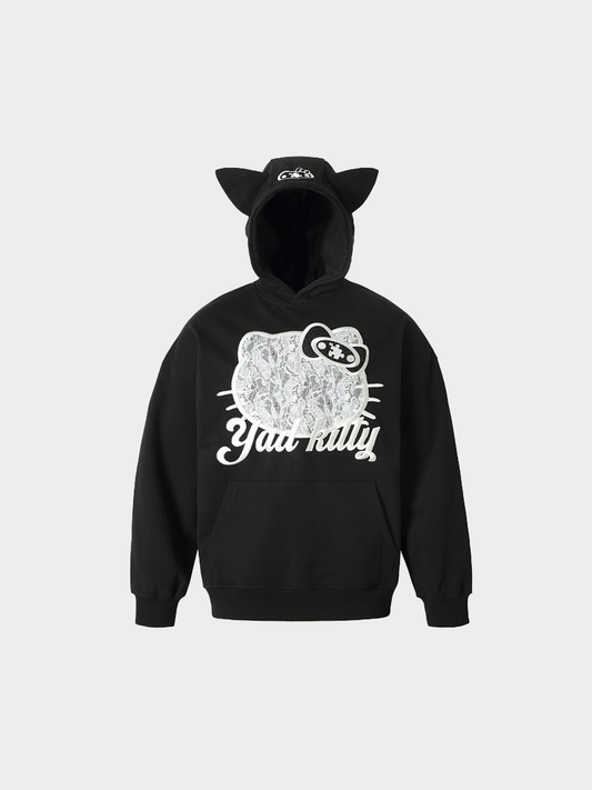 Lace Cat Embroidered Oversized Hoodie