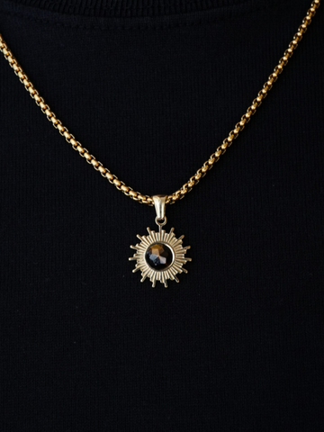 Gold Sunburst Pendant Necklace with Cat’s Eye Stone