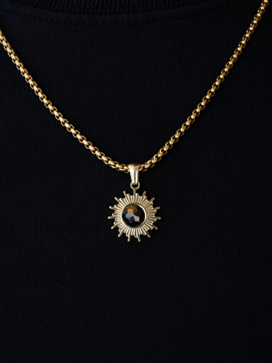 Gold Sunburst Pendant Necklace with Cat’s Eye Stone