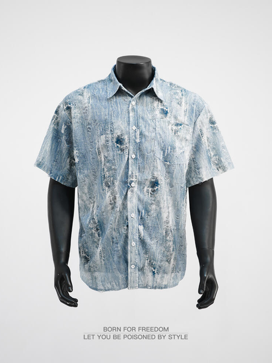 Vintage Niche Tie-Dye Denim Short Sleeve Shirt