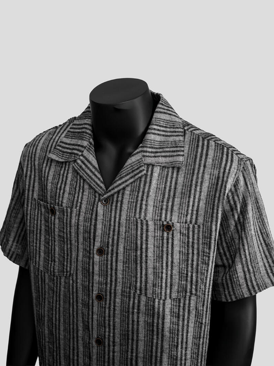 Gray Striped Linen-Cotton Short Sleeve Shirt