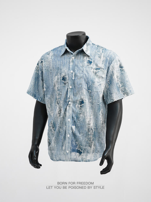Vintage Niche Tie-Dye Denim Short Sleeve Shirt