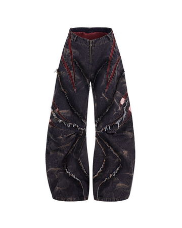 Distressed Curved-Cut Jeans – Mesh & Frayed Details