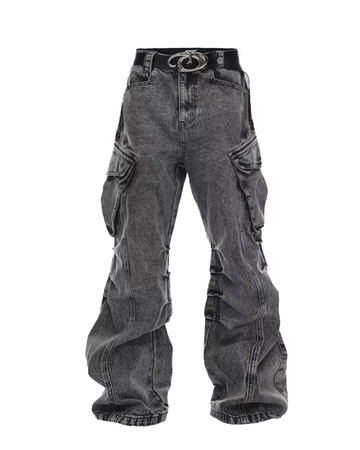 Vintage Washed Stacked Cargo Jeans – Wide-Leg Utility Fit