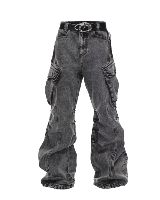 Vintage Washed Stacked Cargo Jeans – Wide-Leg Utility Fit