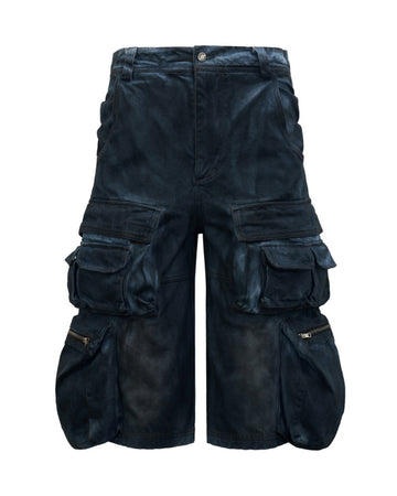Washed Cargo Shorts – Distressed Coated 3/4 Denim