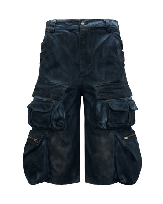 Washed Cargo Shorts – Distressed Coated 3/4 Denim