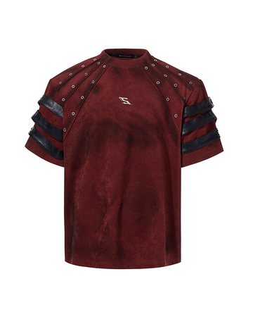 Dark Aesthetic Red Tee – Padded Shoulder & Punk Stud Design