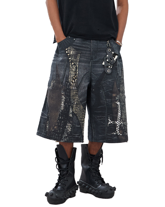 Cross Patch Print Shorts – Street Style 3/4 Denim