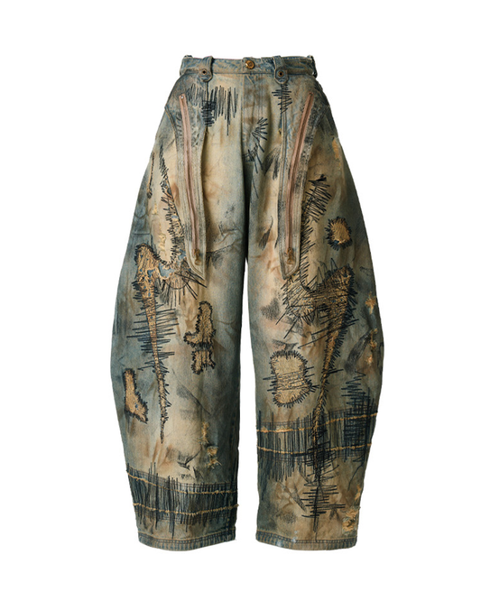 Patched Embroidery Jeans – Distressed Wide-Leg
