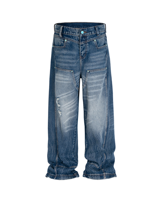 Vintage Washed Wave Turquoise Jeans – Baggy Wide-Leg Cargo