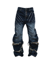 Distressed Claw Patch Jeans – Washed Blue-Black Blade Cut