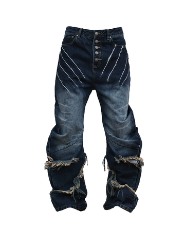 Distressed Claw Patch Jeans – Washed Blue-Black Blade Cut