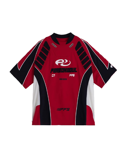 Racing Patchwork Tee – Red Colorblock Embroidered