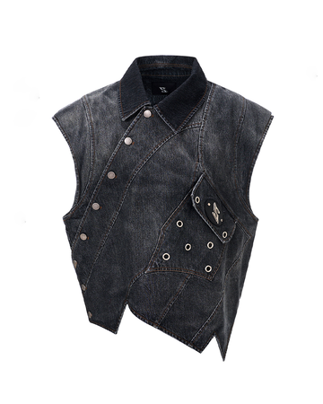 Asymmetric Denim Vest – Jellyfish Embroidery Sleeveless Jacket