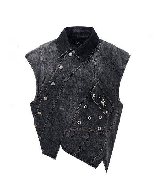 Asymmetric Denim Vest – Jellyfish Embroidery Sleeveless Jacket