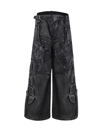 Heavy Washed Black Armor Jeans – Deconstructed PU Patchwork