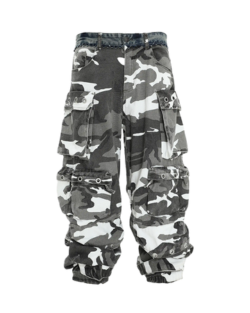 White Camo Patch Cargo Pants – Multi-Pocket Baggy Fit