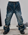 Distressed Claw Patch Jeans – Washed Blue-Black Blade Cut