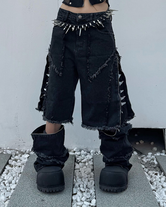 2-in-1 Detachable Jeans – Washed Wide-Leg Fringe