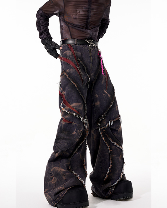 Distressed Curved-Cut Jeans – Mesh & Frayed Details