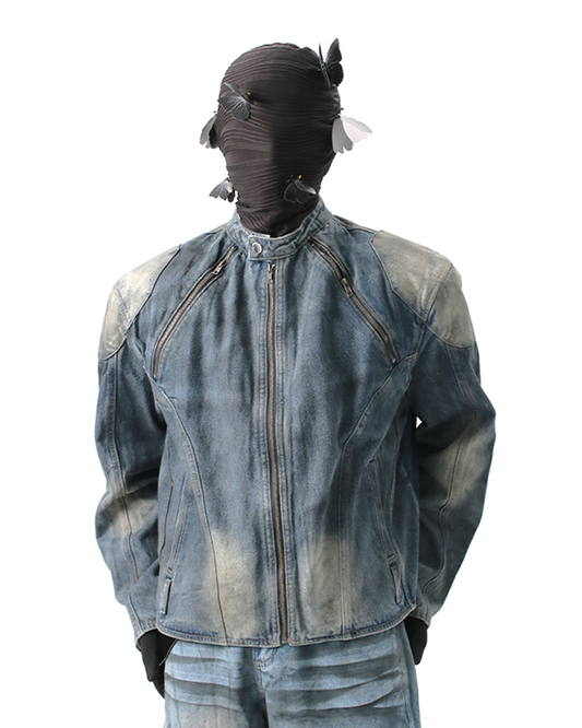 Vintage Zip Washed Denim Jacket – Padded Shoulder Oversized Fit