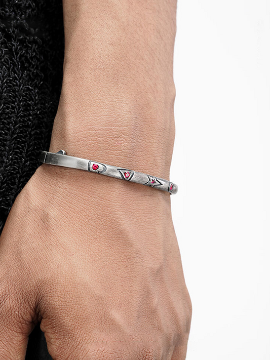 Graffiti Heart Cuff – Blackened S925 Silver + Pink Stones