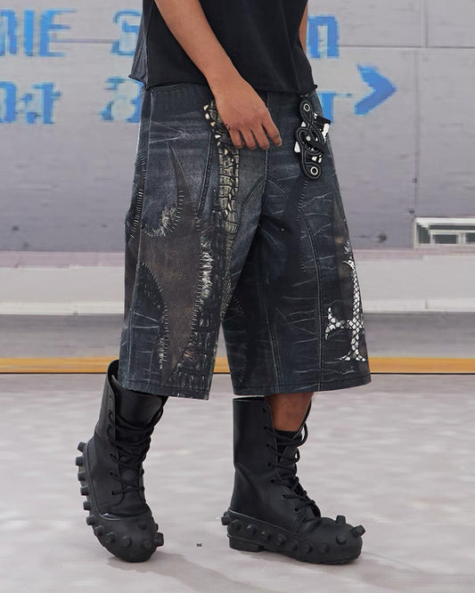 Cross Patch Print Shorts – Street Style 3/4 Denim