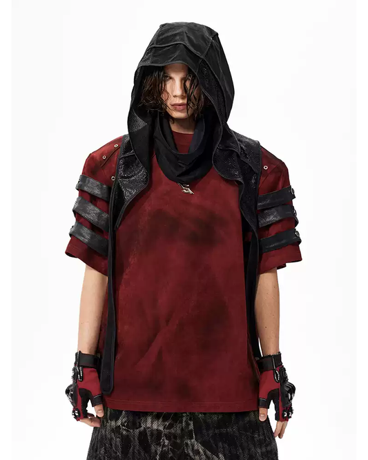 Dark Aesthetic Red Tee – Padded Shoulder & Punk Stud Design