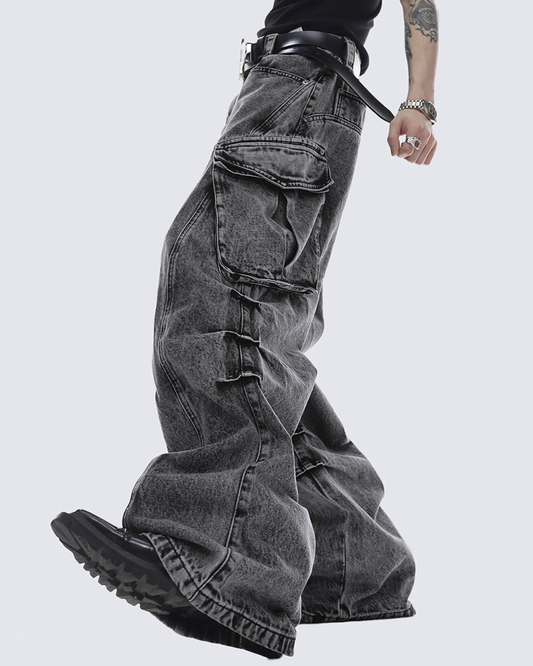 Vintage Washed Stacked Cargo Jeans – Wide-Leg Utility Fit