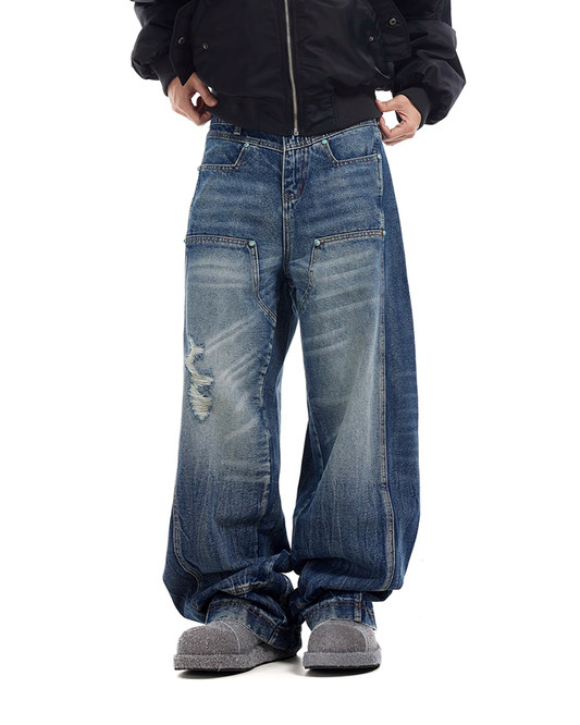 Vintage Washed Wave Turquoise Jeans – Baggy Wide-Leg Cargo