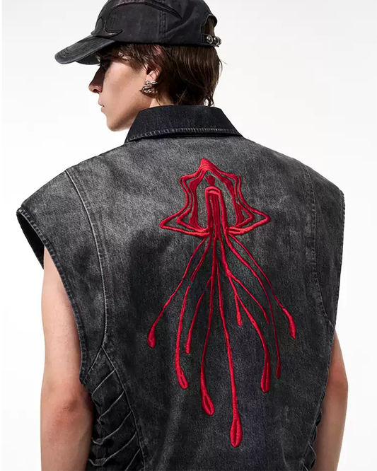 Asymmetric Denim Vest – Jellyfish Embroidery Sleeveless Jacket